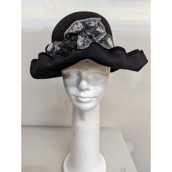 Louise Green Womens Hat Wool Felt Ribbon Scrunched Brim Black One Size - Picture 1 of 10